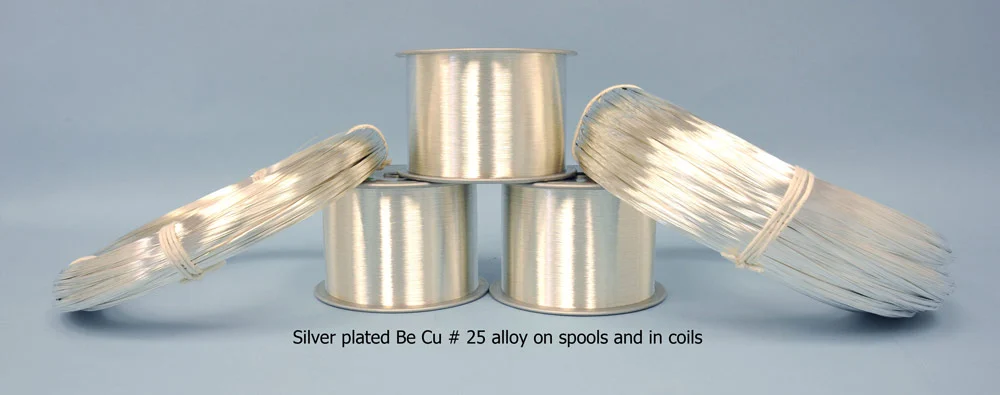 Silver plated BeCu #25 alloy wire on spools and in coils